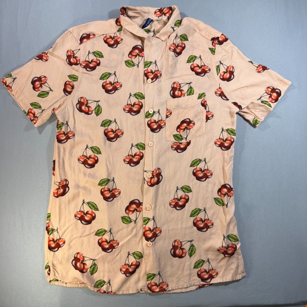 H&M Divided Womens Small Cherry Print Button Up Shirt Peach Short Sleeve Viscose